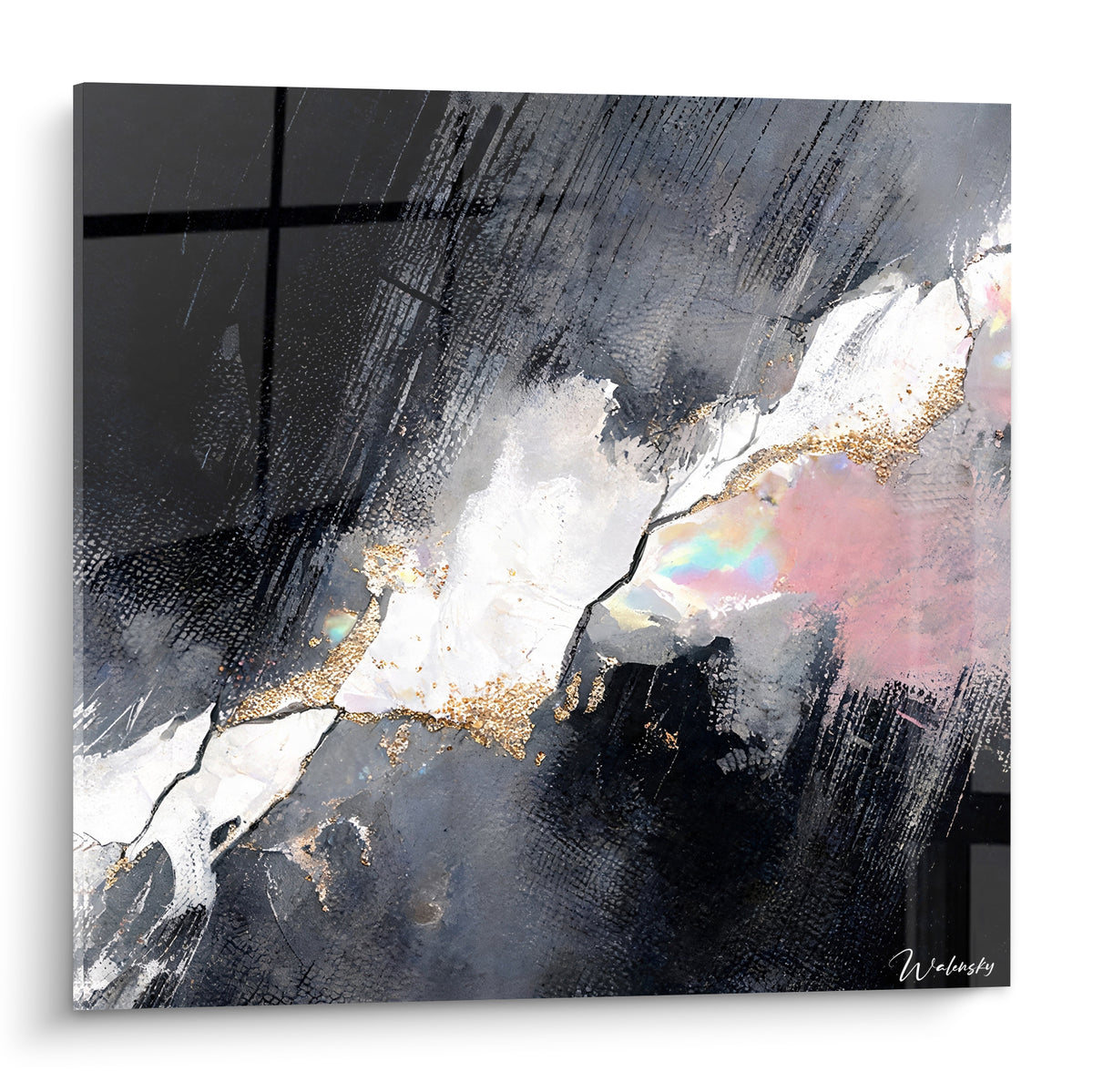 Tableau moderne abstrait anthracite et doré, faille blanche craquelée et touche rose irisée