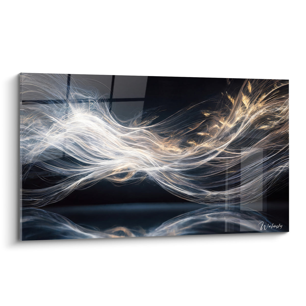 Tableau Moderne abstrait filaments blancs et dorés ondulant sur fond anthracite profond