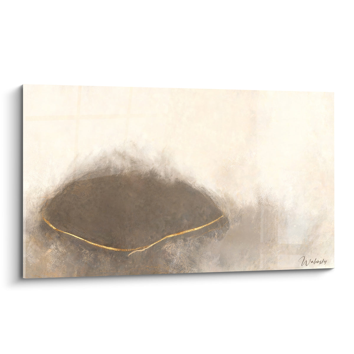 Tableau forme anthracite fissurée d'or sur fond ivoire texturé, composition abstraite épurée
