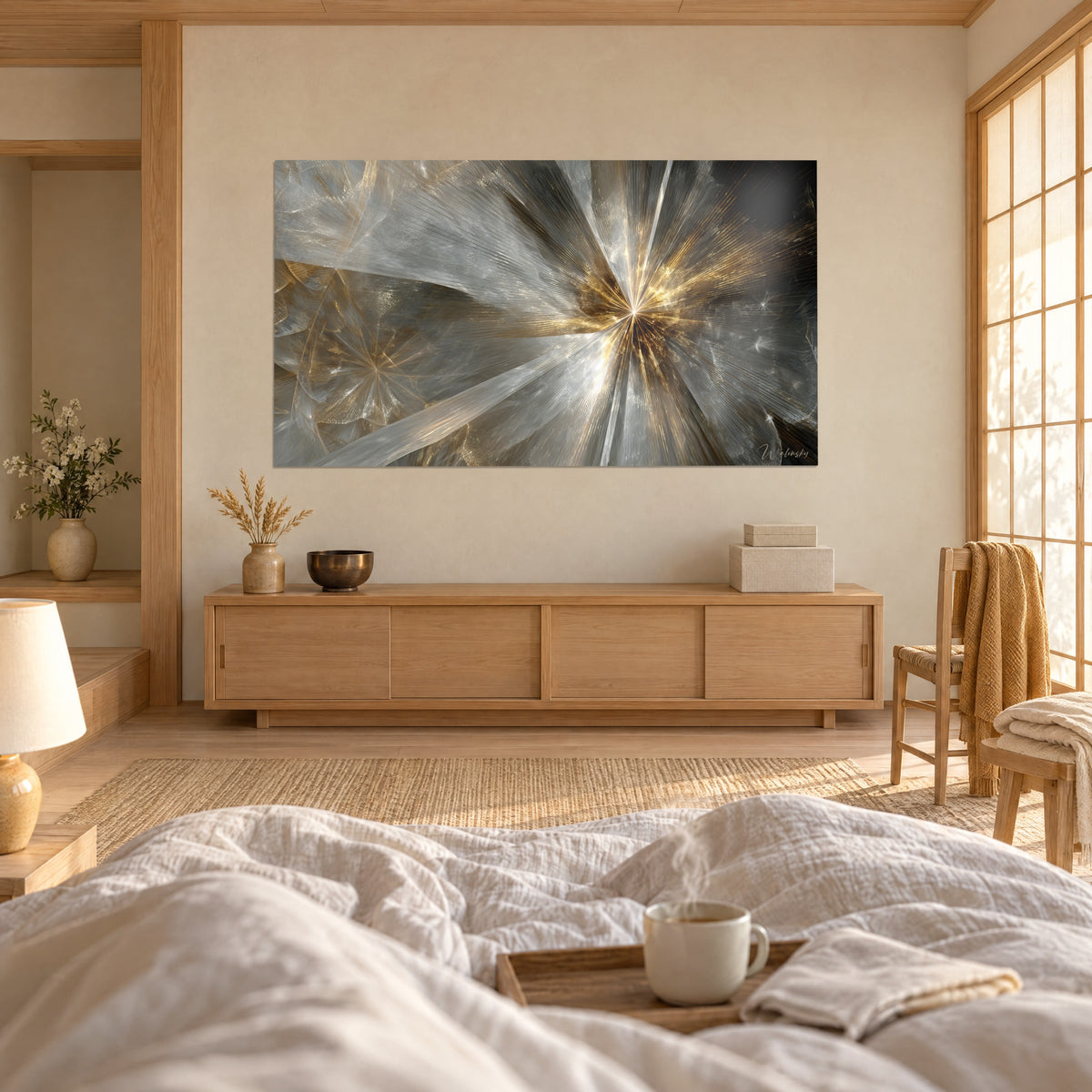 Cuadro de flor de luz con pétalos plateados translúcidos y corazón dorado, frente a una cama deshecha, colgado sobre la cama en un dormitorio luminoso
