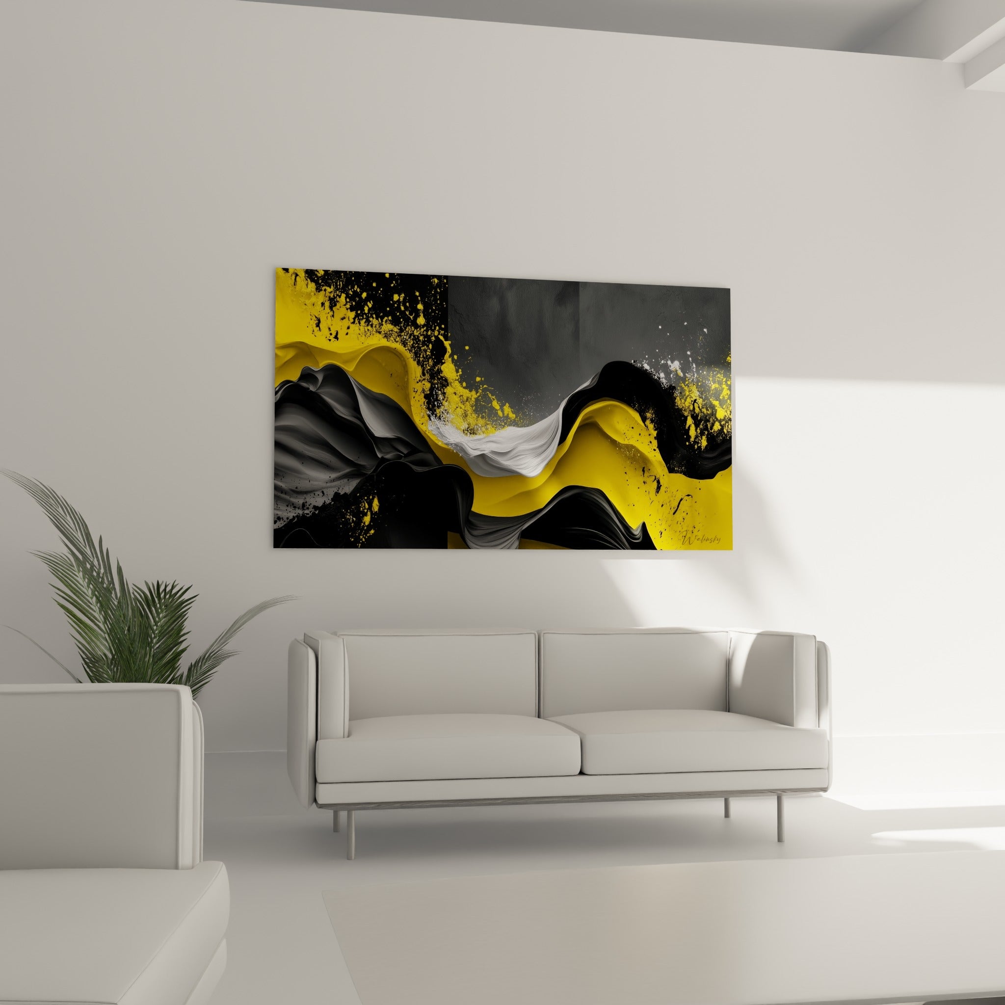 Mouvements sinueux jaunes et anthracite éclaboussés de blanc au-dessus d'un canapé dans un salon lumineux