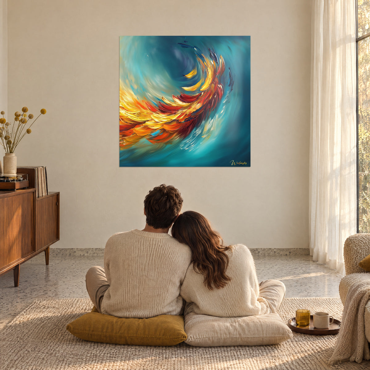 Abstract schilderij van rode en gele vuurveren die wervelen in het azuur, van achteren bekeken door een omhelzend koppel, op mosterdgele kussens