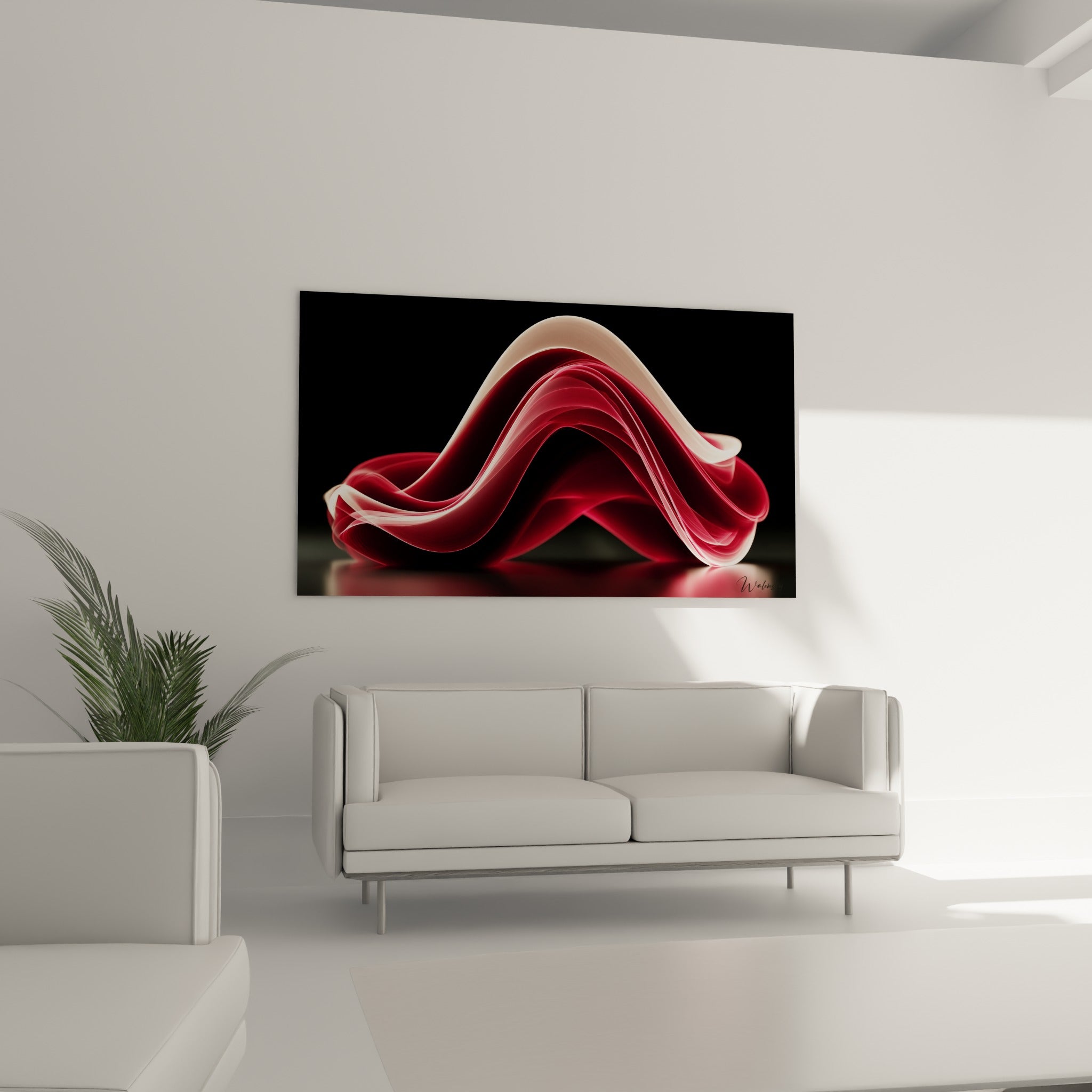 Ruban lumineux pourpre et ivoire en mouvement fluide, tableau Moderne abstrait au-dessus d'un canapé dans un salon lumineux