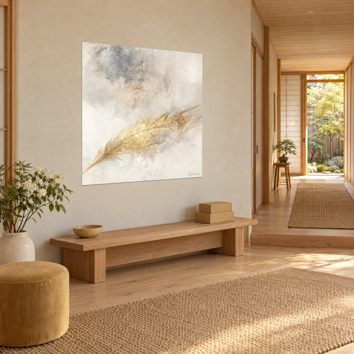 Tableau barbes d'or hérissées sur nuages beige et gris pâle, accroché près d'un banc en bois blond dans un couloir clair