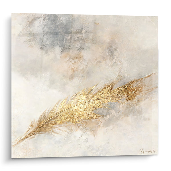 Tableau Plume dorée aux reflets beige et gris - Souffle suspendu - Edition Moderne abstrait