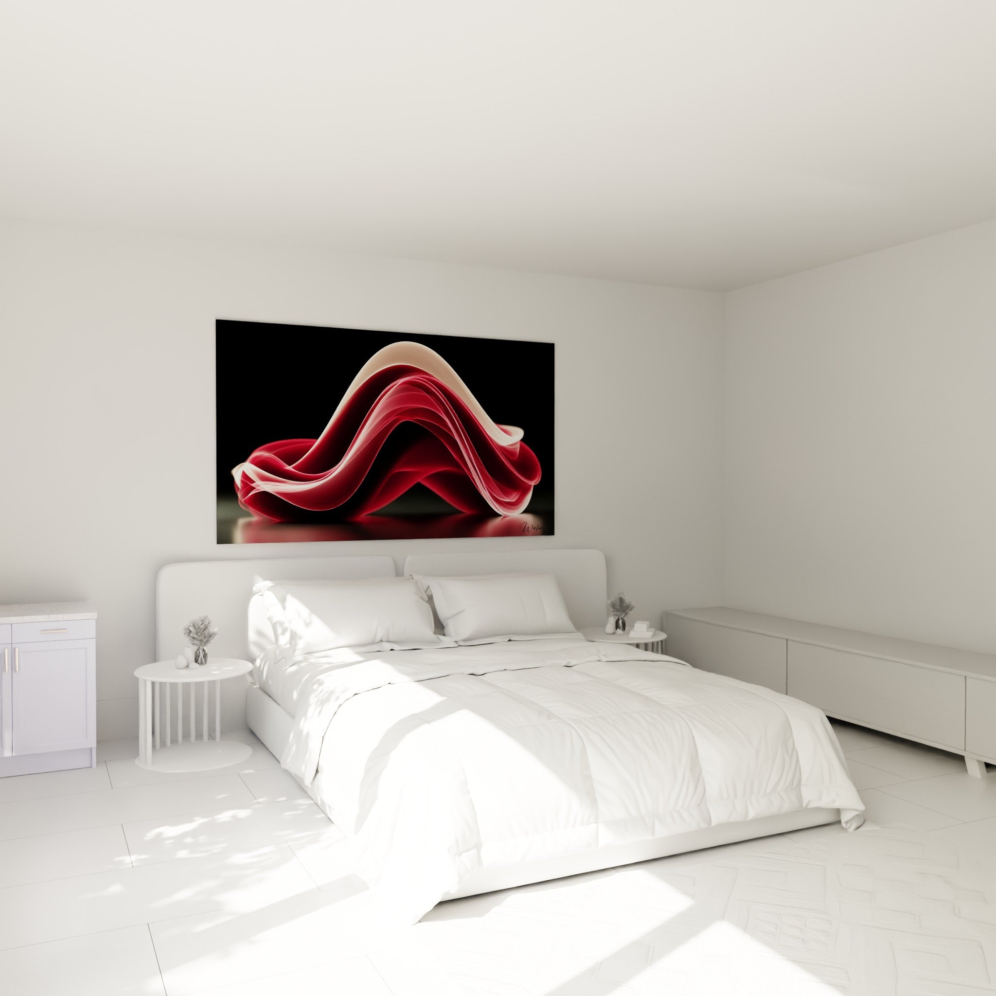 Forme ondulante rouge et blanche traversant l'obscurité, tableau Moderne abstrait au-dessus d'un lit dans une chambre claire