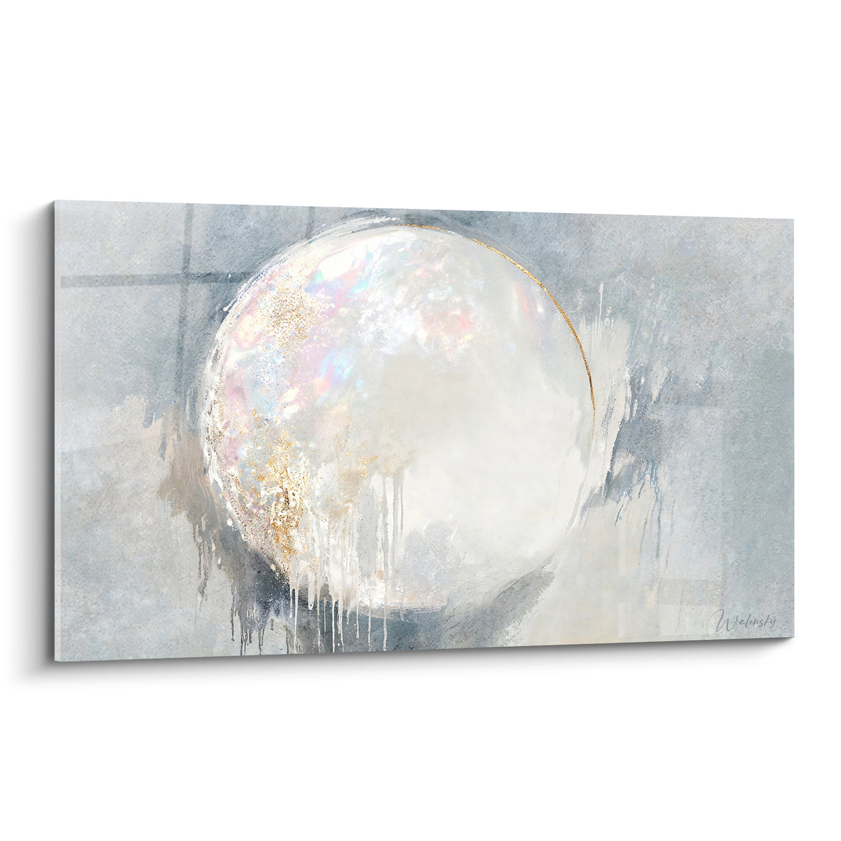 Tableau sphère nacrée aux reflets dorés et gris perle, pleine toile sur fond texturé
