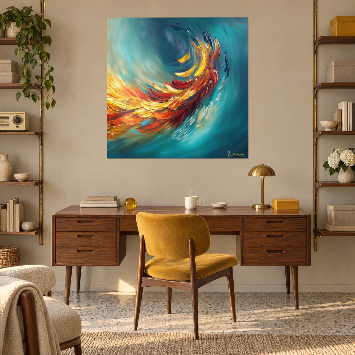 Schilderij van de wedergeboorte van de feniks in fel rode en gouden impasto op een turquoise ondergrond, boven een teakhouten bureau en een mosterdgele fauteuil