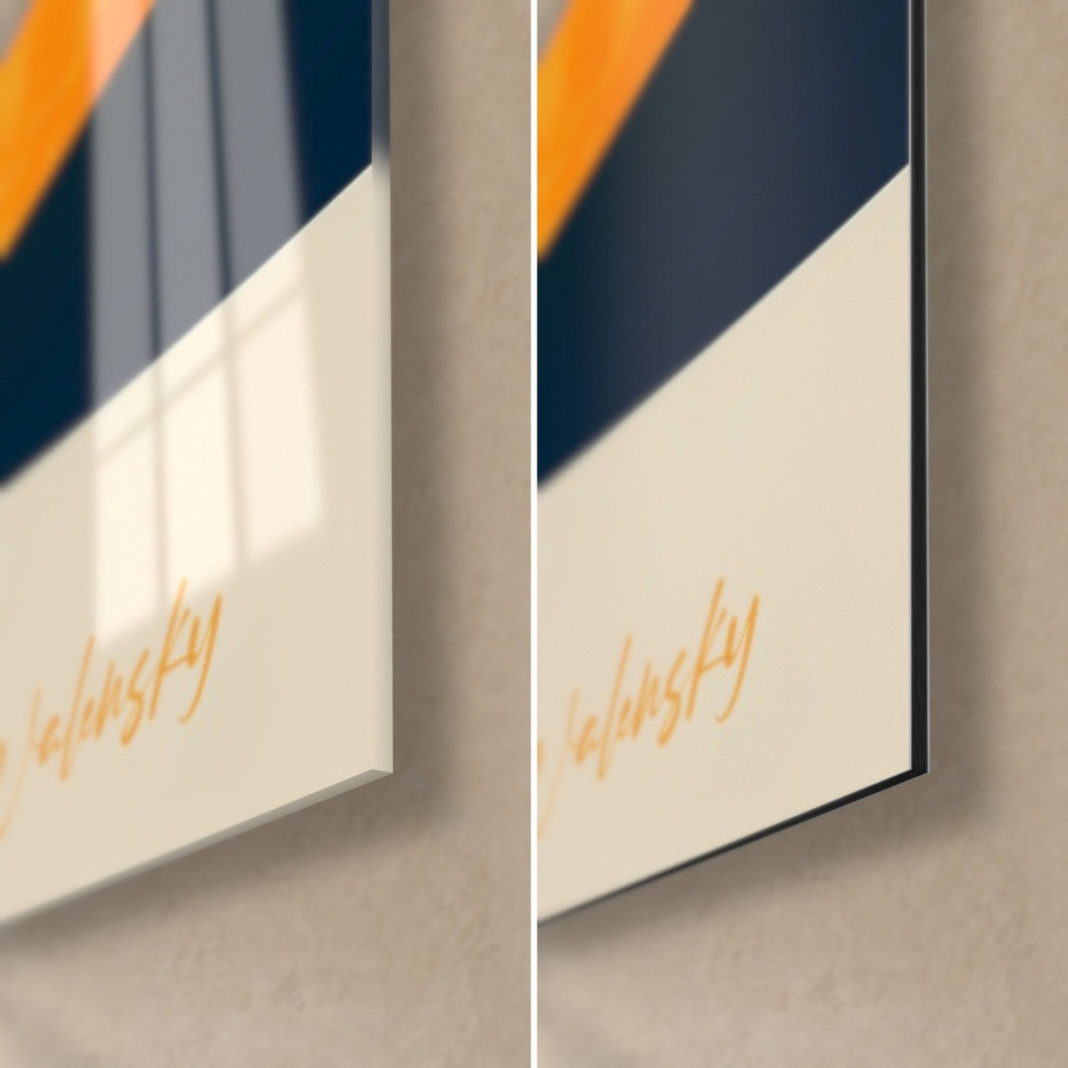 Wall art golden eclipse and navy waves, bottom right corner, orange signature, glossy glass on the left, matte Dibond on the right