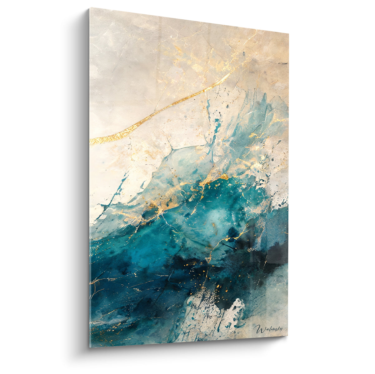 Tableau vague fissurée bleu sarcelle et doré, marbrures minérales en plein cadre.