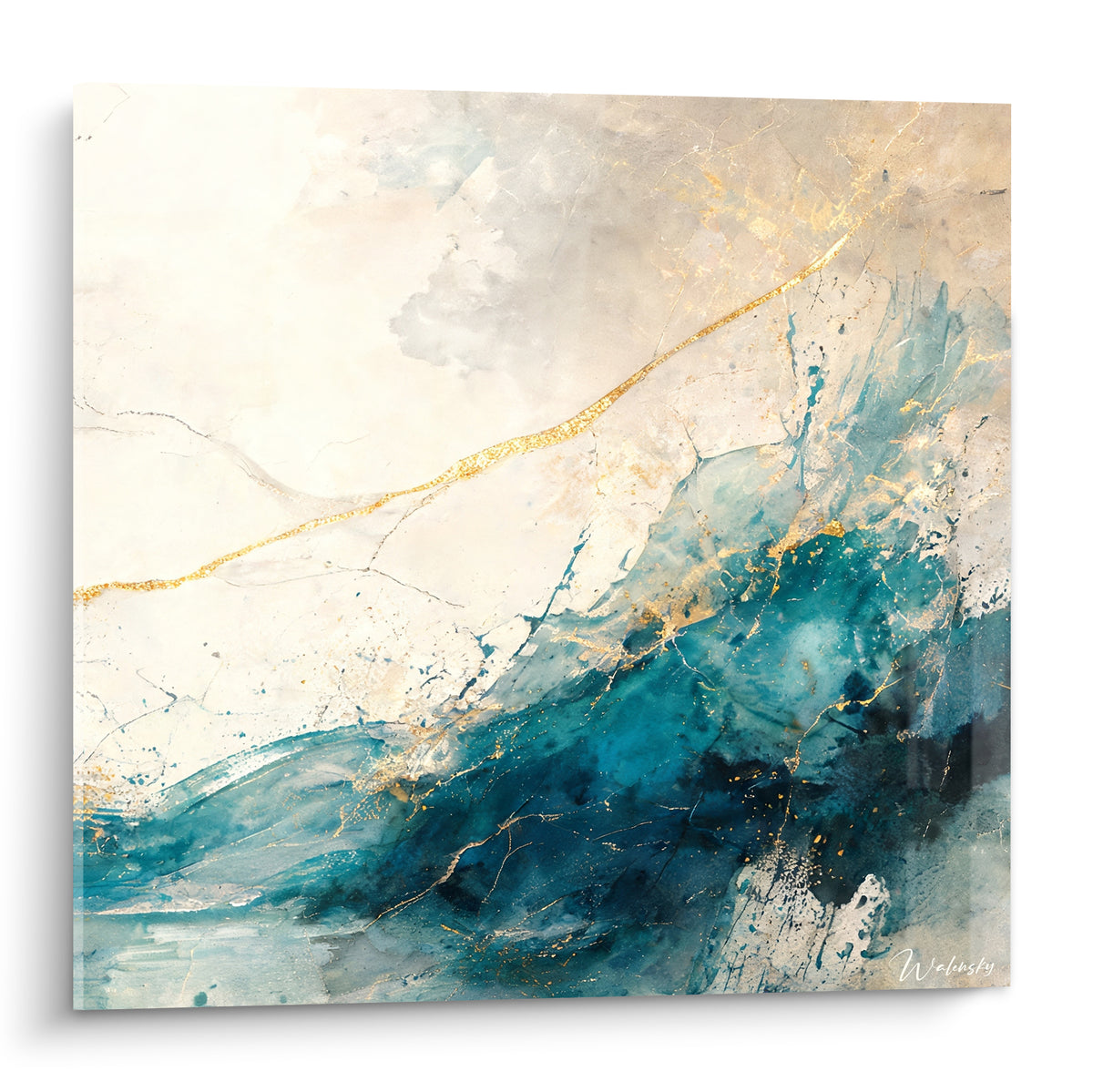 Tableau vague bleu sarcelle et doré en plein cadre, texture marbrée et fissures lumineuses.