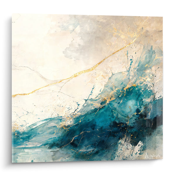 Tableau Vague marbrée bleu sarcelle et doré - Fracture océane - Edition Moderne abstrait