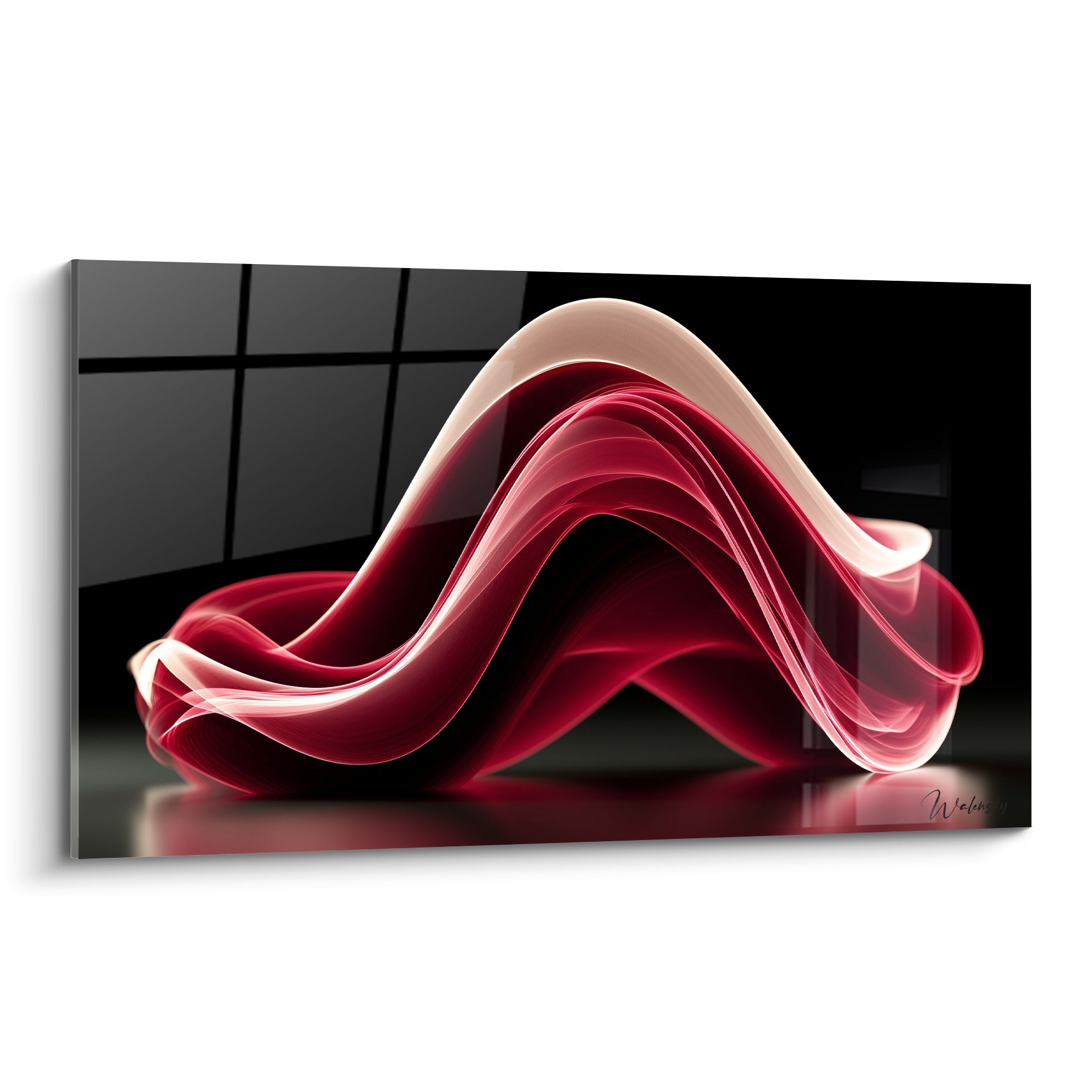 Vague rouge bordeaux et blanche sinueuse sur fond noir, tableau Moderne abstrait lumineux