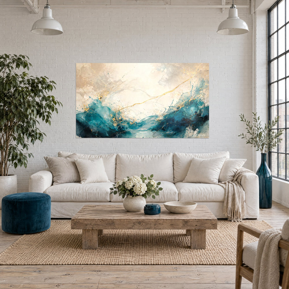 Tableau vague turquoise écumeuse sur fond crème, filet d'or en diagonale, au-dessus d'un canapé dans un salon lumineux