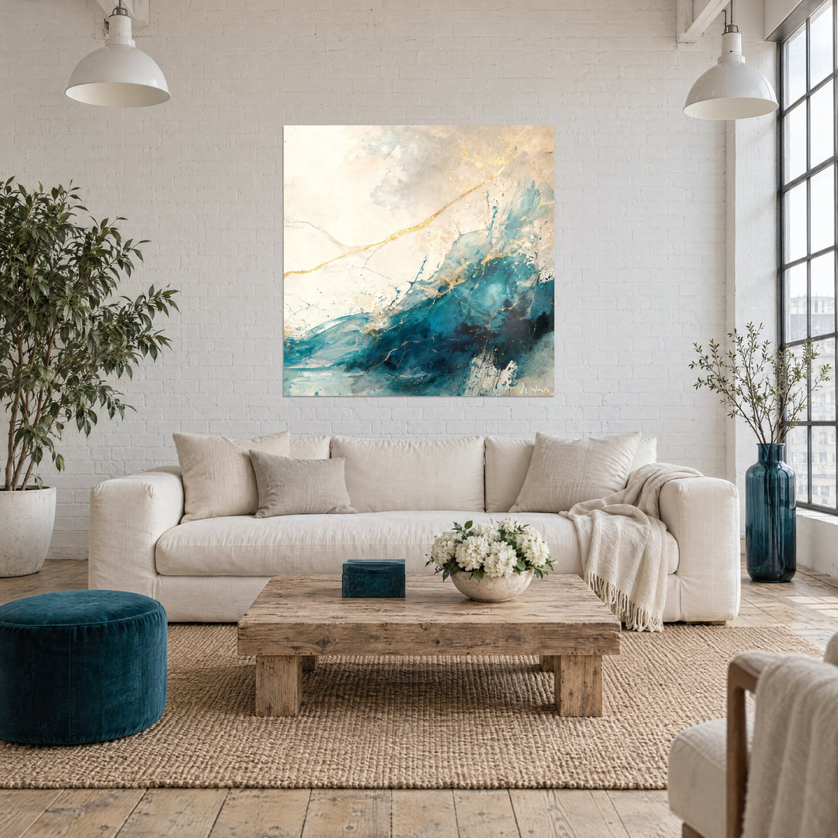 Tableau vague marbrée turquoise striée d'une veine dorée, fond crème, au-dessus d'un canapé dans un salon lumineux