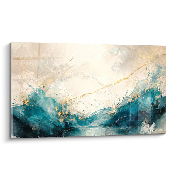 Tableau Vagues abstraites bleu sarcelle et doré - Faille lumineuse - Edition Moderne abstrait