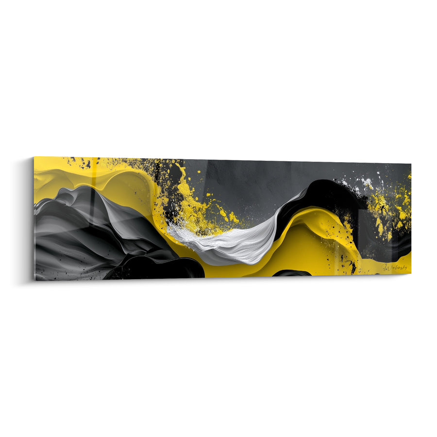 Tableau Vagues fluides jaunes et noires - Collision fluide - Edition Moderne abstrait