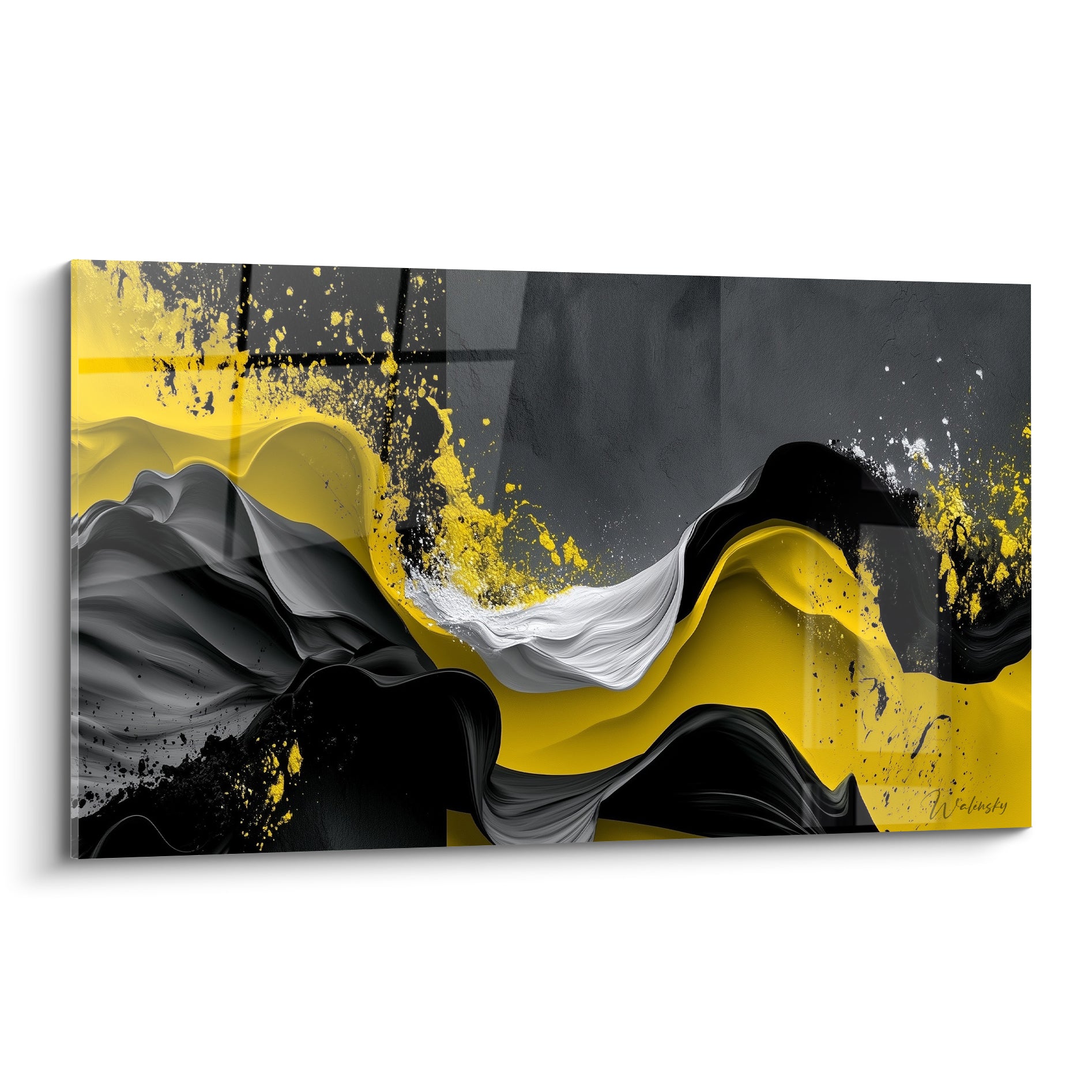 Vagues fluides jaune doré et noir anthracite éclaboussées de blanc en mouvement abstrait