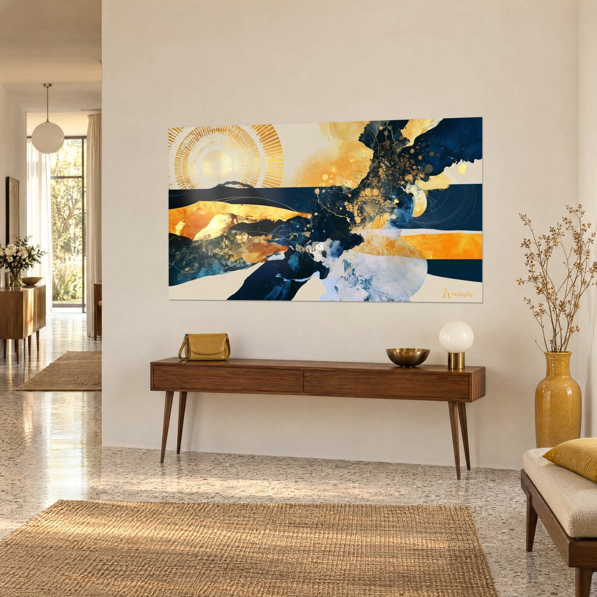 Wall art ochre solar eclipse with gold splashes, indigo waves, hung above a wooden console, three-quarter view