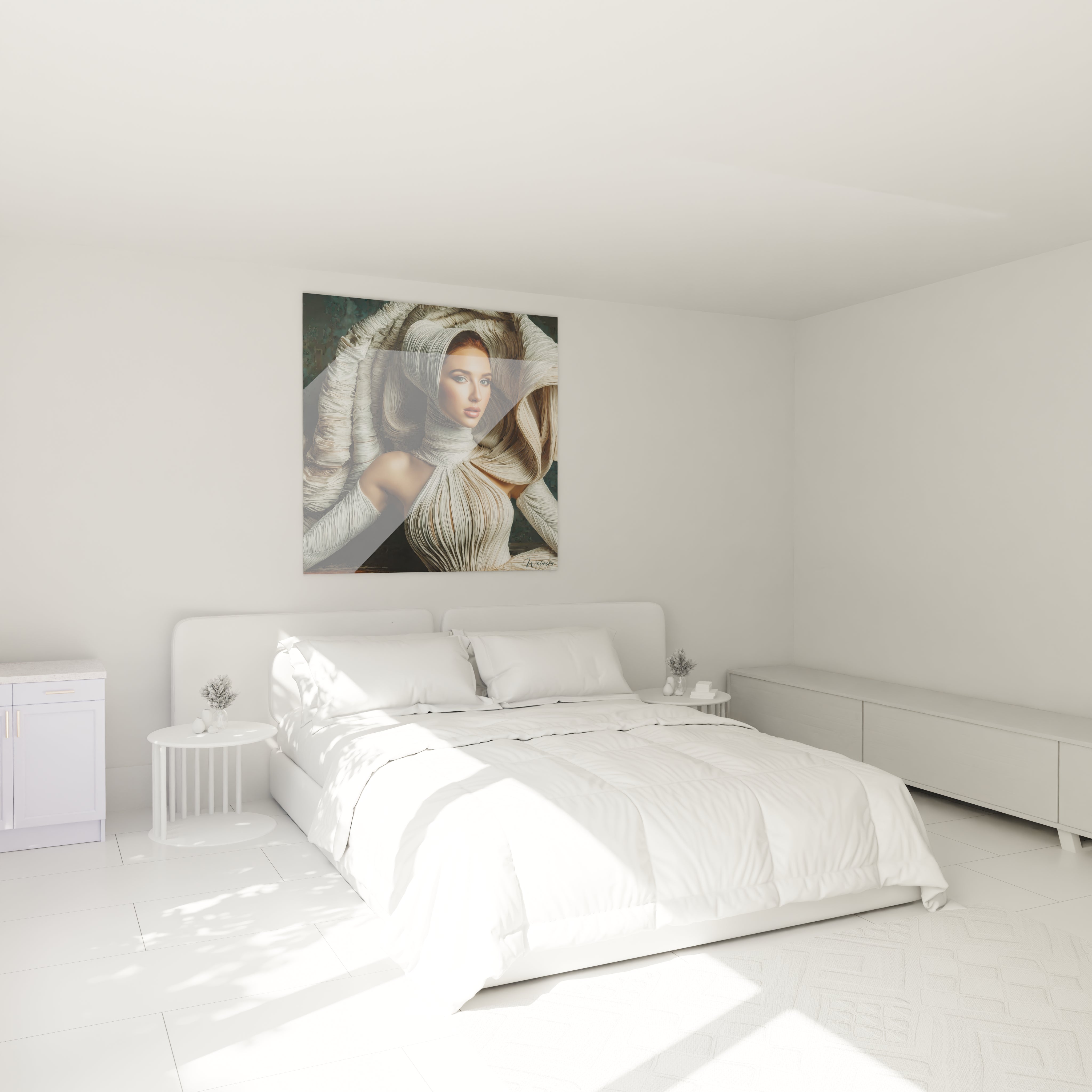 Tableau moderne femme élégante décorant un mur d'une chambre lumineuse et contemporaine
