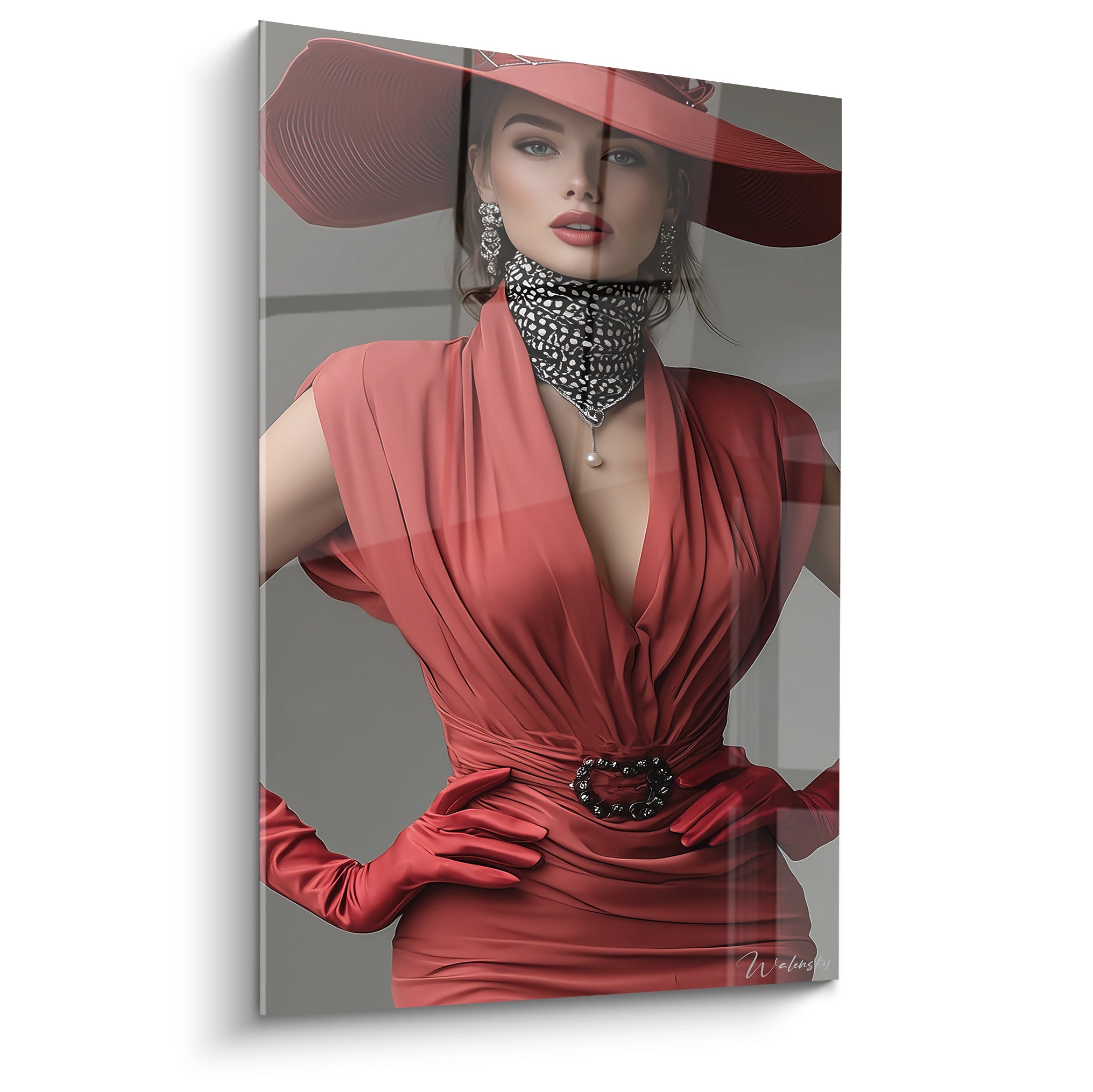 Tableau mural moderne femme élégante en robe rouge avec chapeau et gants, style glamour