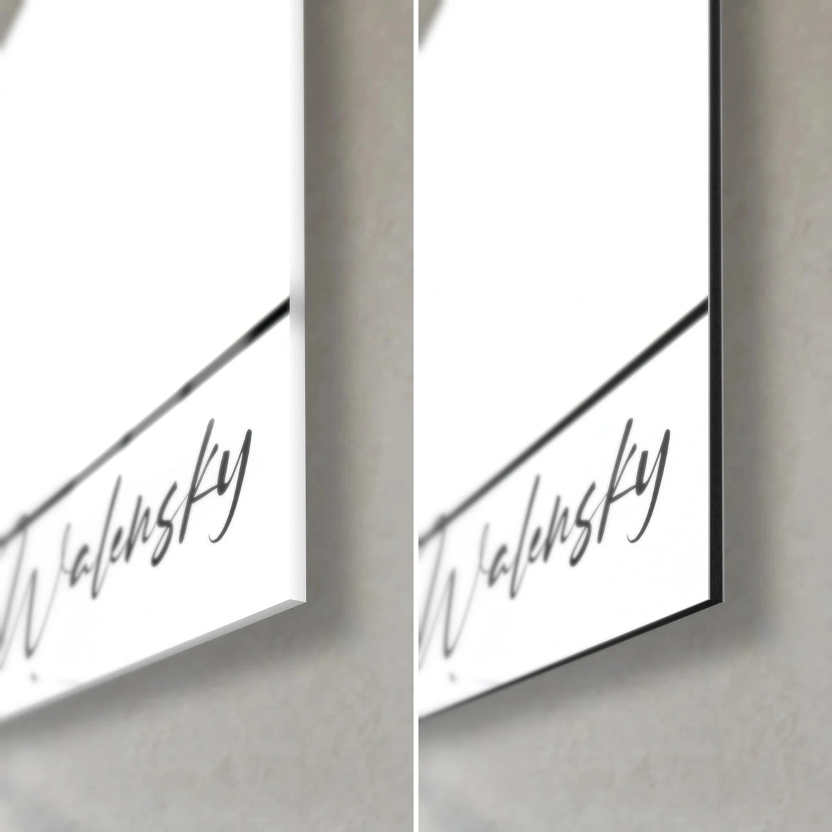 Cuadro boceto de moda en blanco y negro, firma Walensky abajo a la derecha, cristal brillante a la izquierda, Dibond mate a la derecha