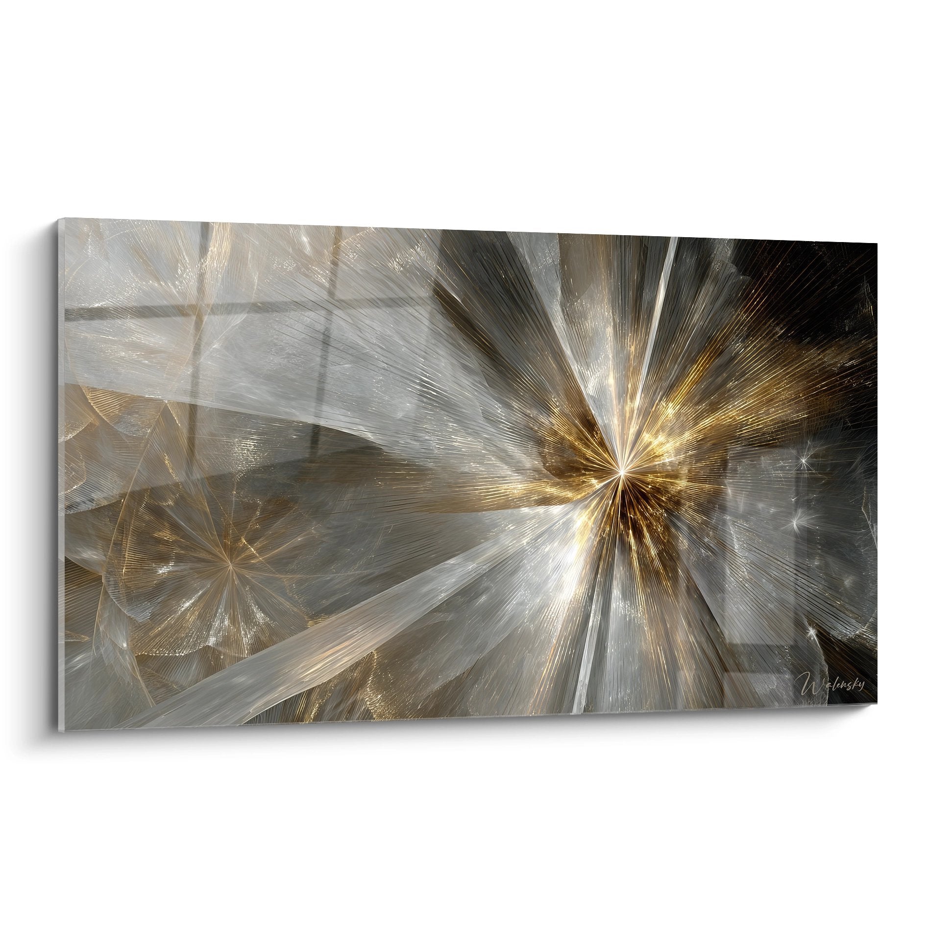 Tableau moderne abstrait rayons lumineux dorés explosion stellaire décoration murale contemporaine