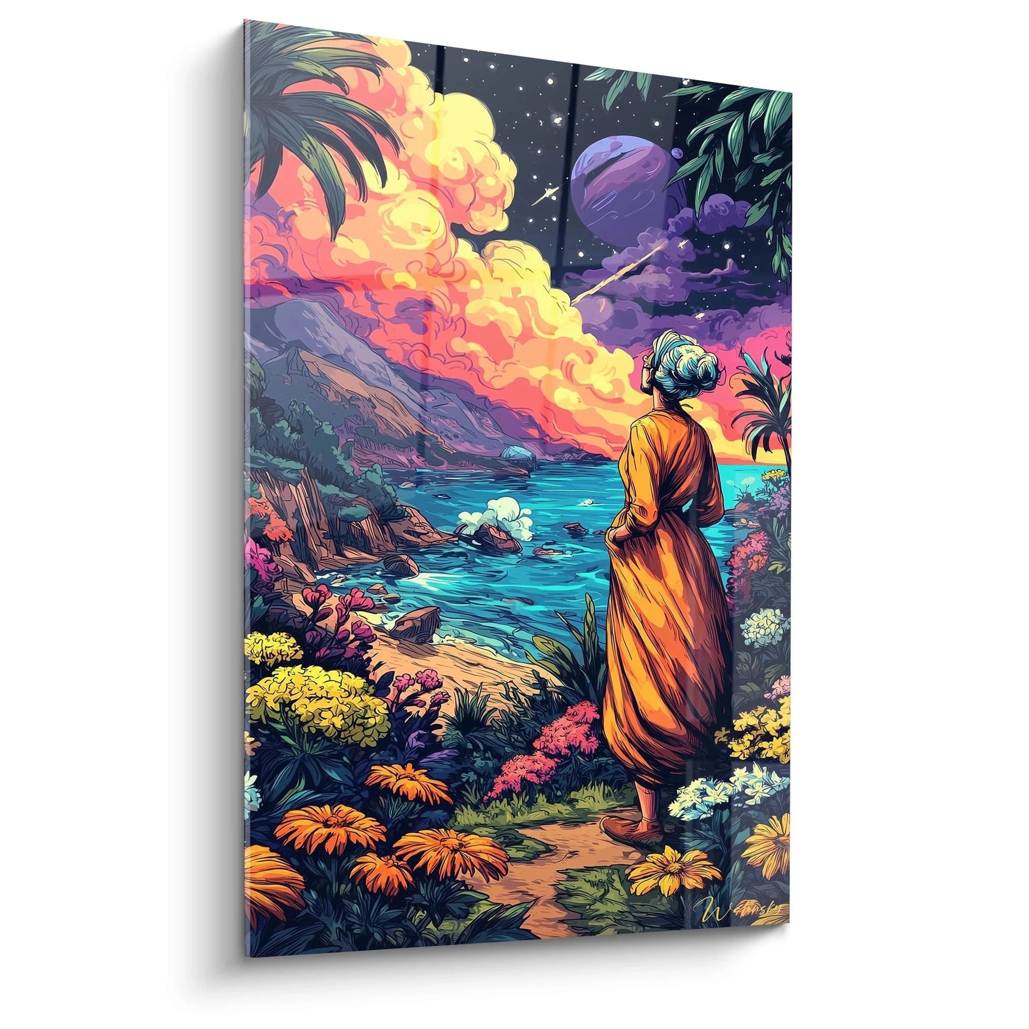 Tableau mural moine contemplatif océan tropical style bande dessinée avec végétation luxuriante et ciel coloré