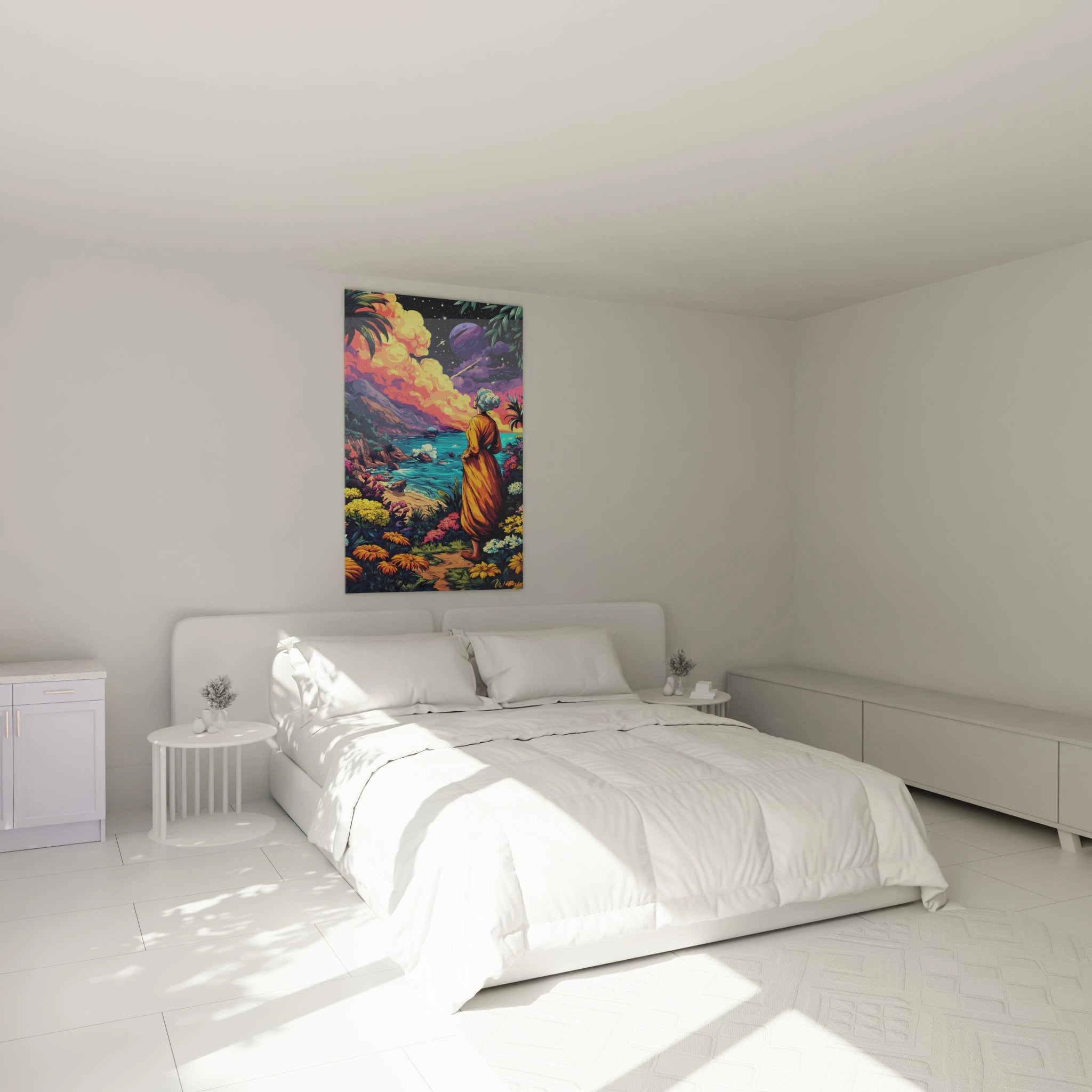 Décoration chambre tableau moine contemplatif BD style tropical ambiance zen et relaxante