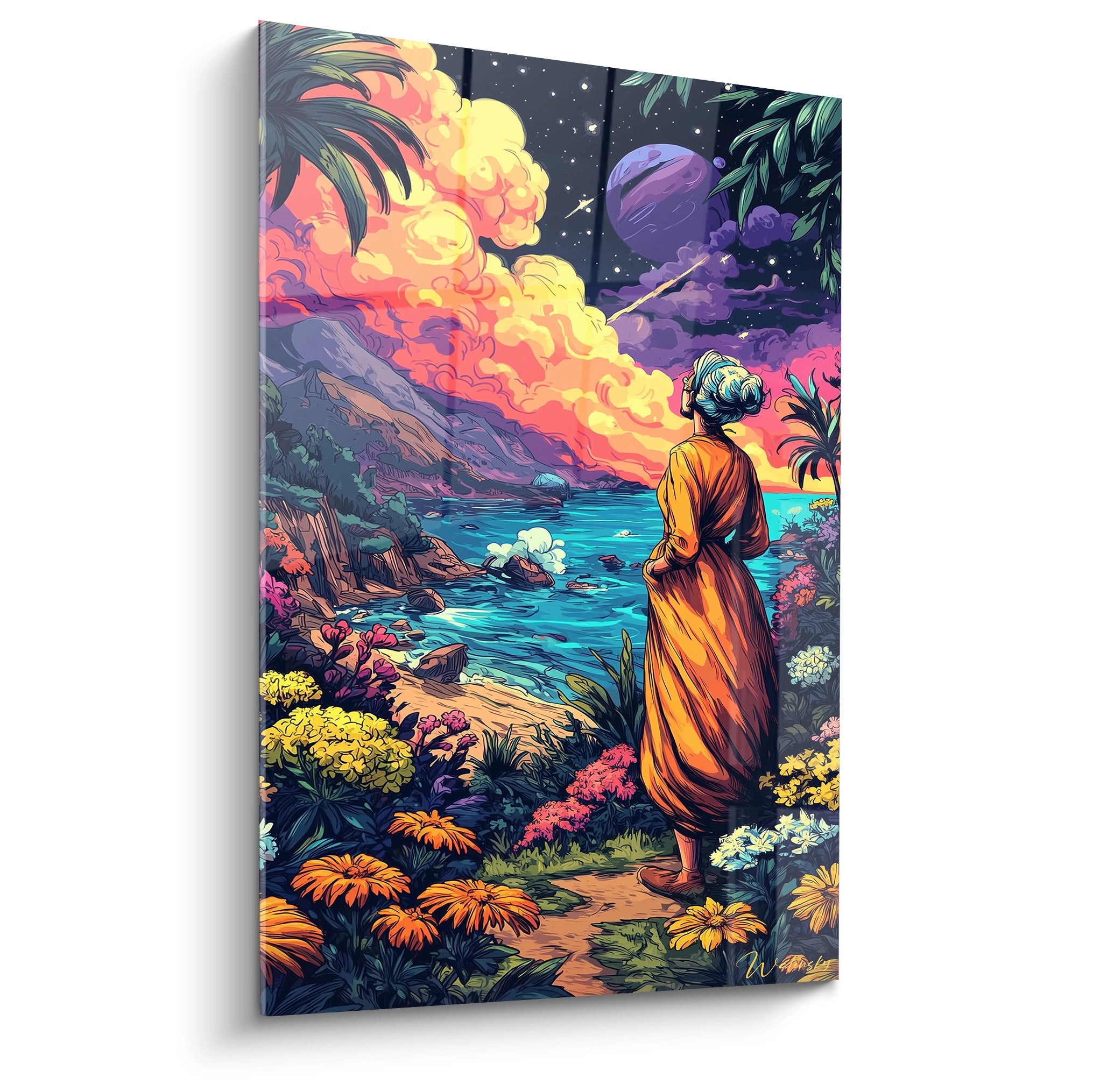 Tableau mural moine contemplatif océan tropical style bande dessinée avec végétation luxuriante et ciel coloré