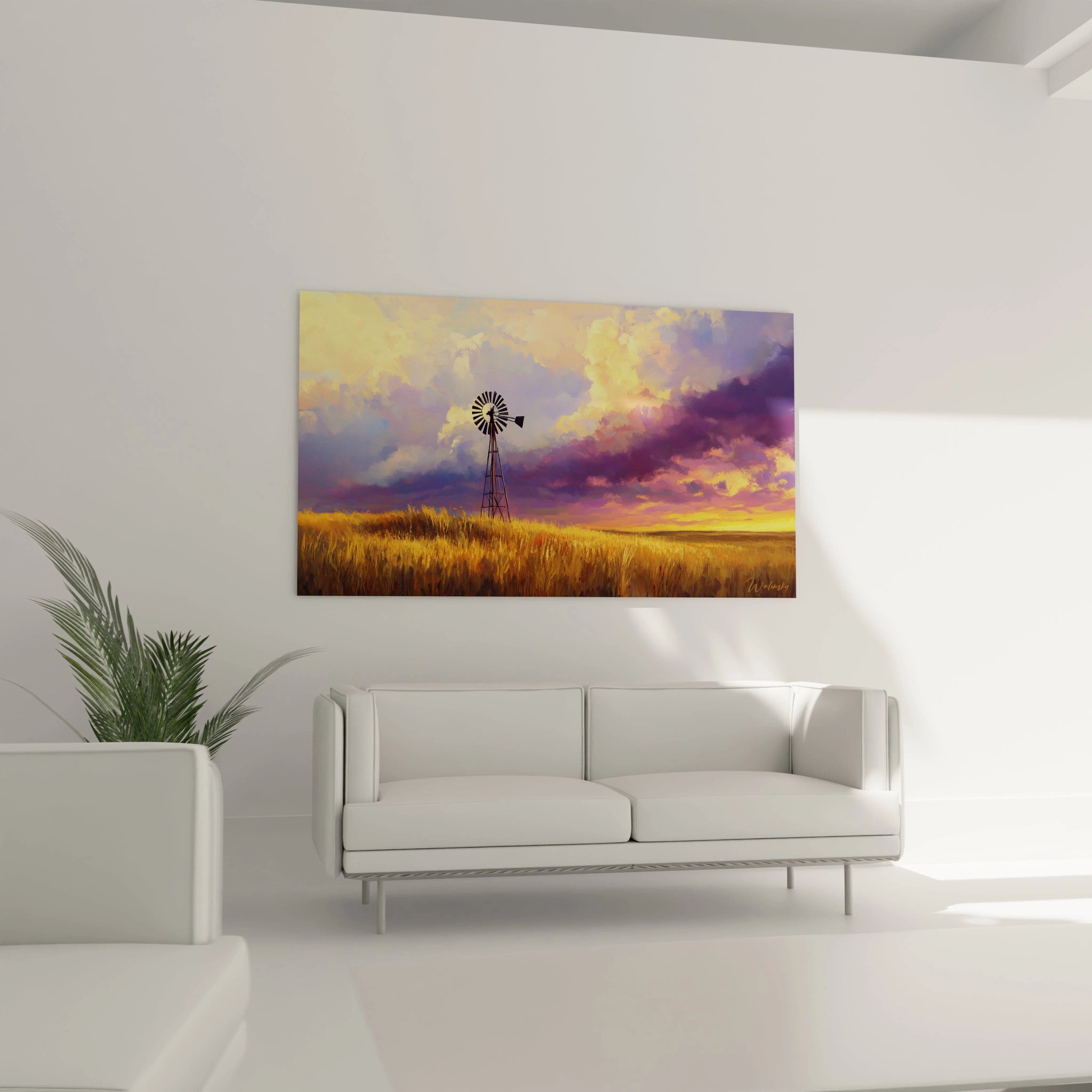 Tableau champêtre montrant une éolienne traditionnelle au centre d'une vaste étendue de céréales mûres, illuminée par les derniers rayons d'un soleil couchant qui transforme le ciel en une symphonie de violets, d'oranges et de jaunes aux transitions fondues.
