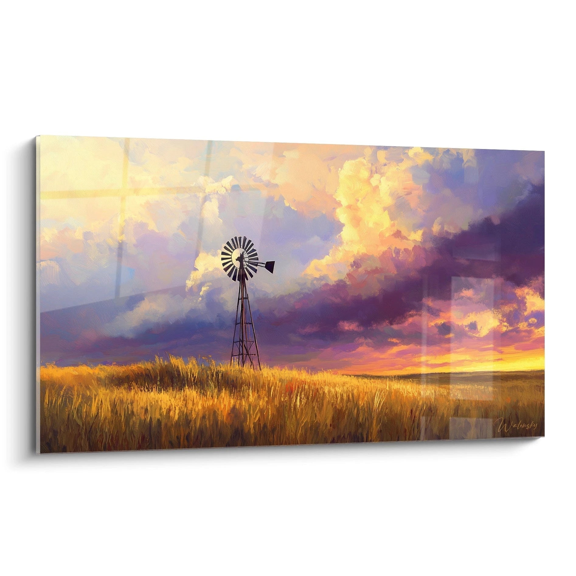 Un tableau campagne représentant une éolienne solitaire au milieu d'un champ de blé doré, sous un ciel crépusculaire aux teintes violettes et orangées, avec des nuages dramatiques et une lumière dorée baignant l'ensemble du paysage rural.
