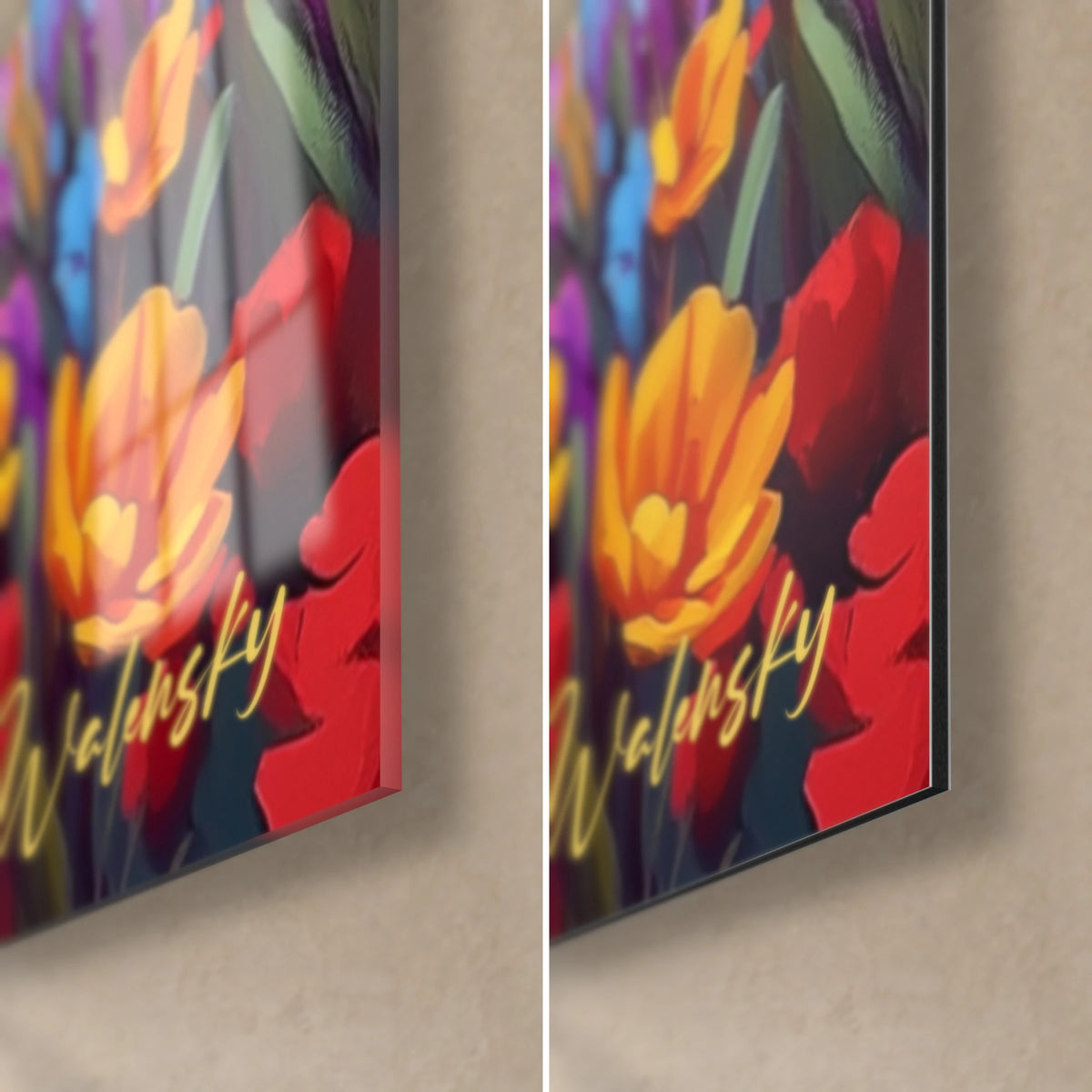 Tableau tulipes orangées et pétales rouges vernis, coin bas droit en verre brillant reflétant et en Dibond mat, tranche de 3 mm