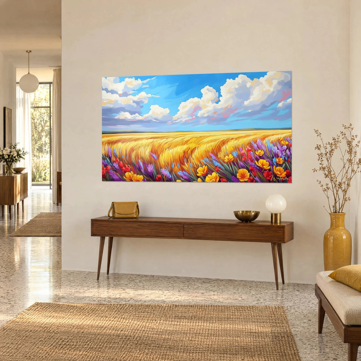 Tableau moisson dorée balayée par le vent, ciel bleu vif et nuages ivoire, sur une console en bois dans une maison années 50