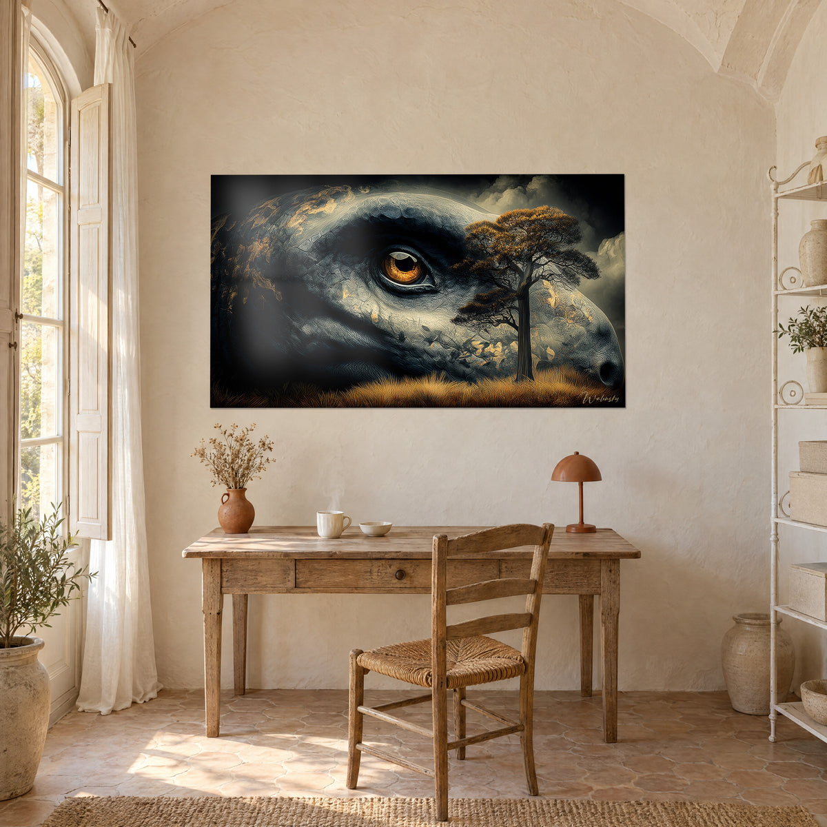 Cuadro retrato de un Mokele-mbembe, pupila negra con cerco de cobre, escamas grises, árbol ocre, encima de un escritorio de madera