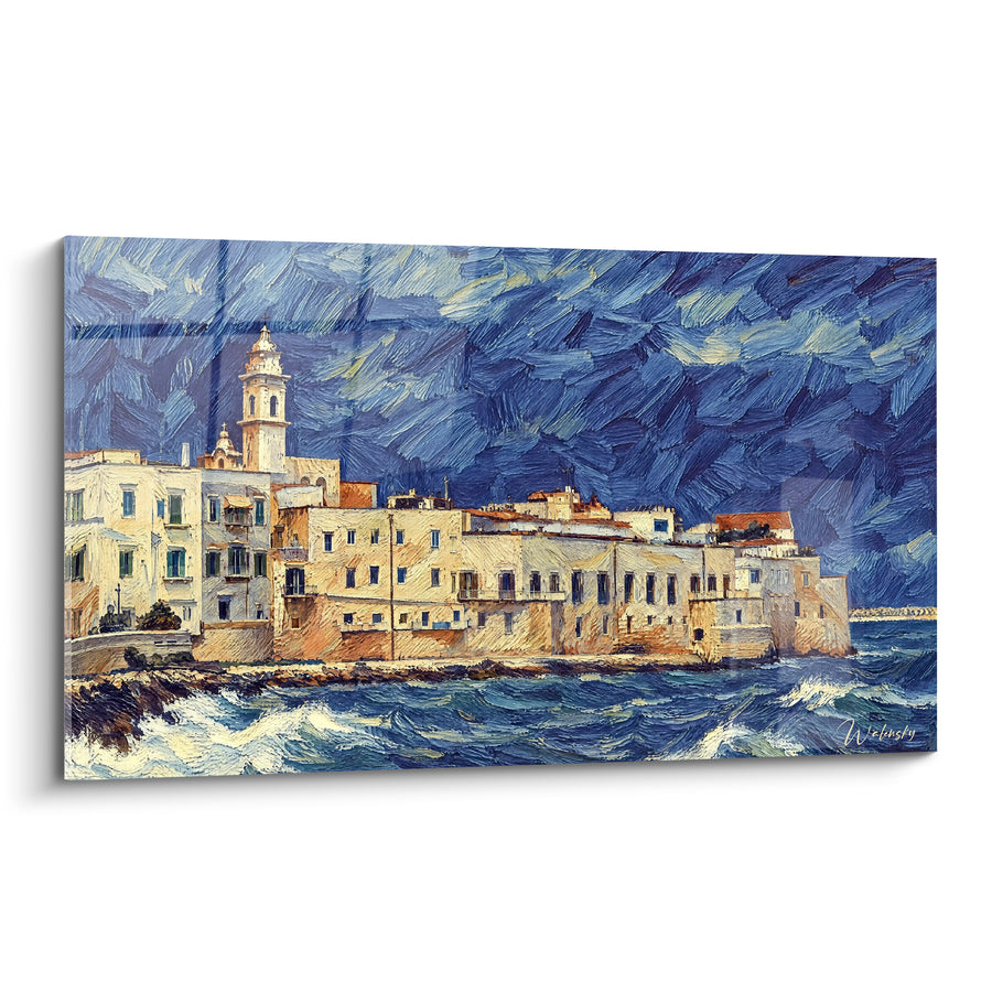Tableau Village côtier ocre aux vagues bleu marine - Veille avant la tempête - Edition Molfetta Pouilles Italie