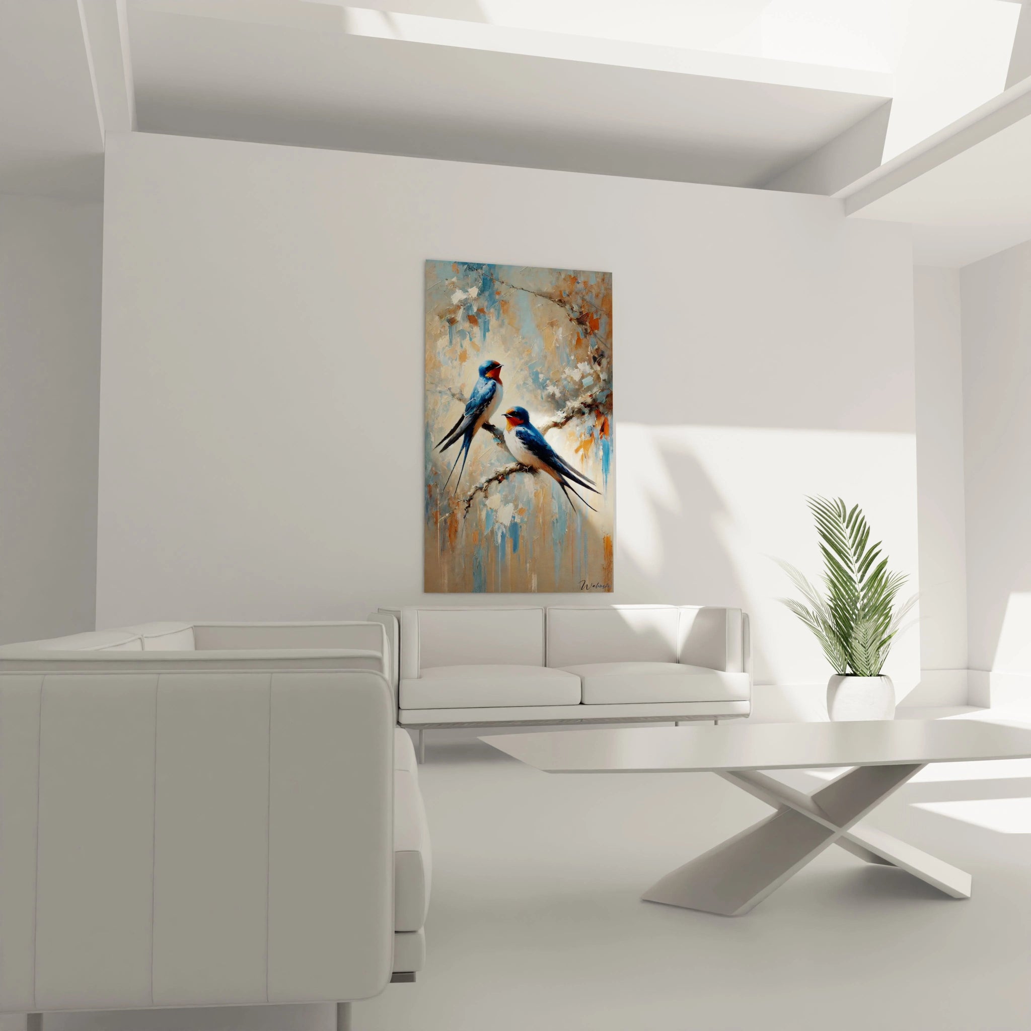 Ce tableau oiseaux installé au-dessus du canapé devient le point focal de votre salon. Sa composition délicate et ses teintes naturelles ajoutent une touche d'élégance à votre décor.