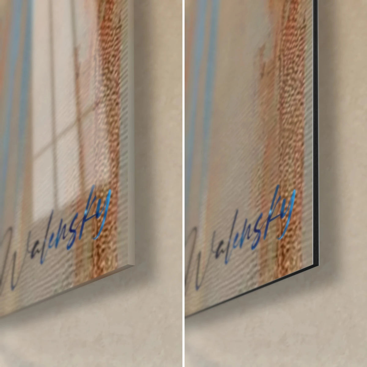 Quadro di coppia di rondini, angolo in basso a destra: firma Walensky su colature arancio e blu, vetro lucido e Dibond opaco