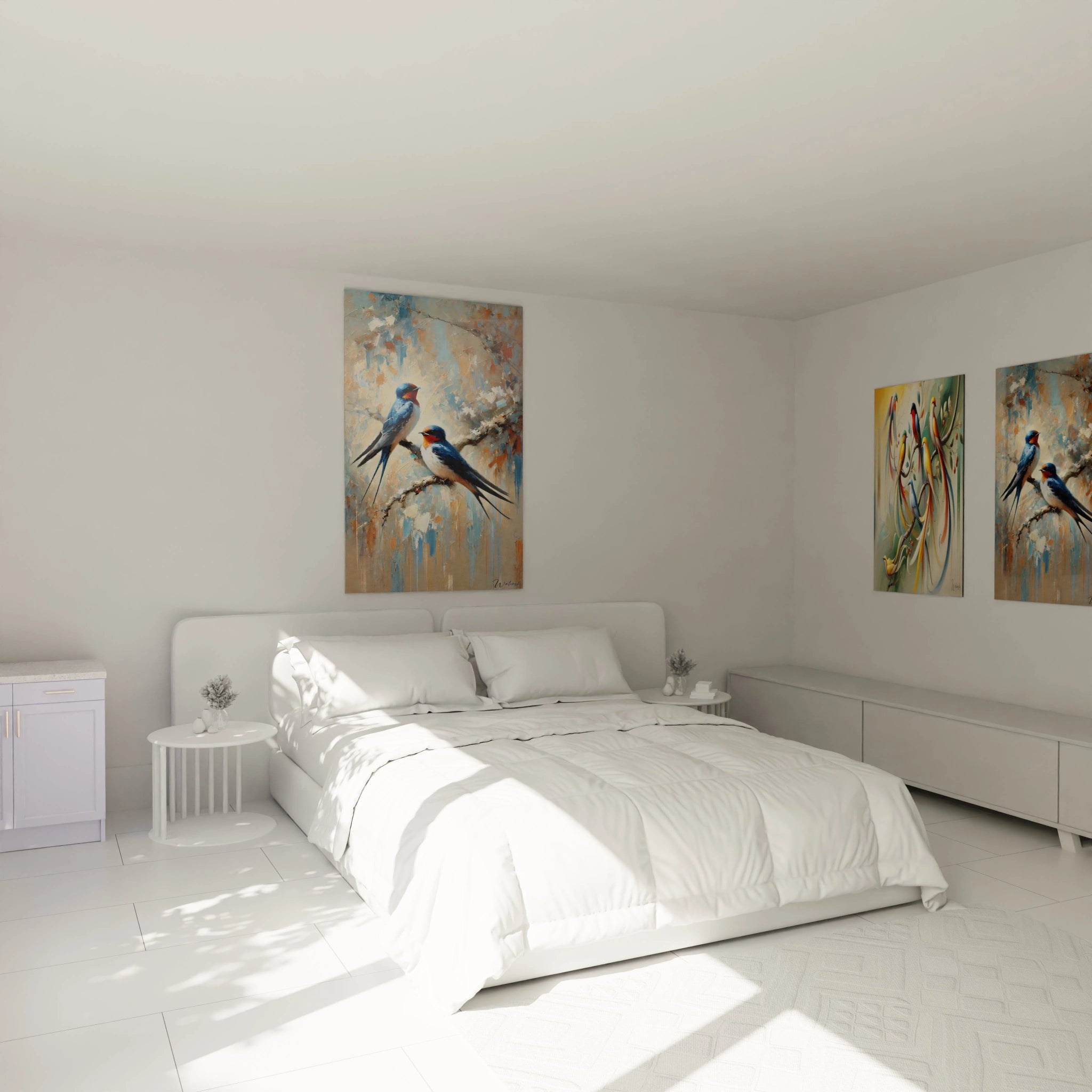 Transformez votre chambre avec ce tableau oiseaux accroché au-dessus du lit. Ses couleurs douces et son style élégant apportent une sensation de calme et de sérénité à l'espace.