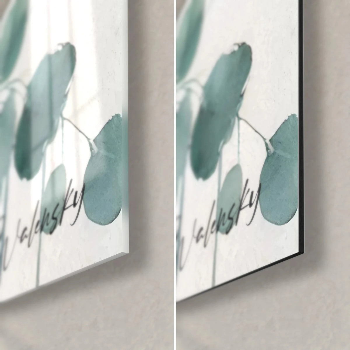 Gemälde Aquarell-Panda, jadegrünes Eukalyptusblatt und Walensky-Signatur, untere rechte Ecke mit glänzendem Glas und mattem Dibond