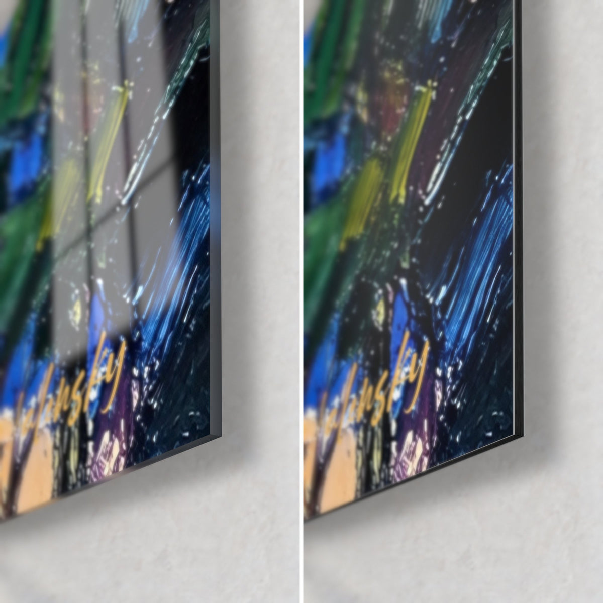 Tableau palais sur la falaise, reflets de la peinture bleue et dorée sur verre brillant et alu Dibond mat, tranche de 3 mm