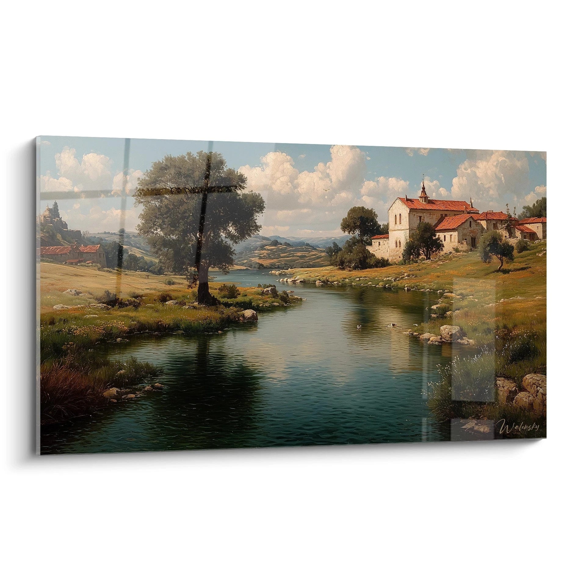Tableau mural Walensky montrant un tableau monastère paysage classique avec rivière calme, prairies, arbres et maison au toit rouge