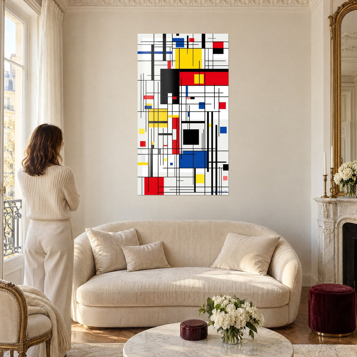 Tableau composition géométrique néo-plasticiste, aplats jaune et rouge sur lignes noires, au-dessus d'un canapé dans un salon lumineux