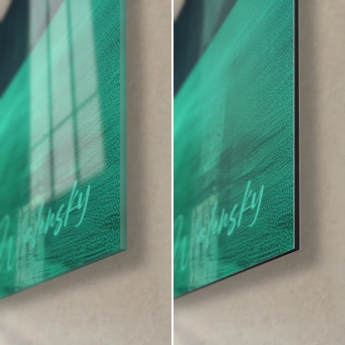 Wall art of green pillars on a turquoise lake, bottom right corner: glossy glass on the left, matte black Dibond aluminium on the right, 3 mm edge