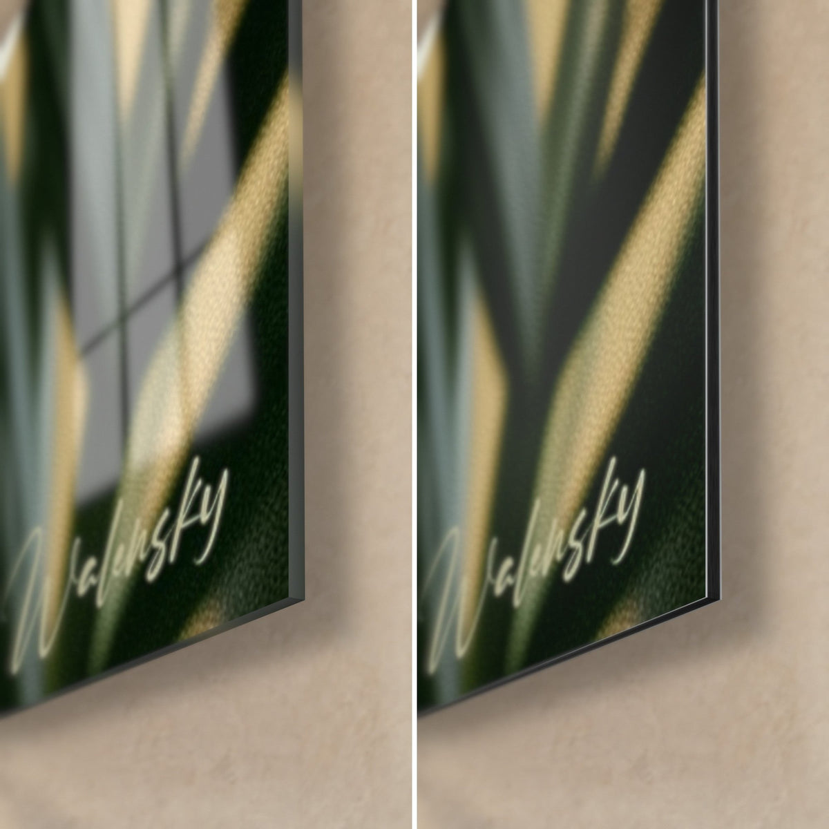 Wall art variegated leaf in ivory and deep green, bottom right corner: glossy acrylic glass on the left, matte Dibond on the right, thin edge