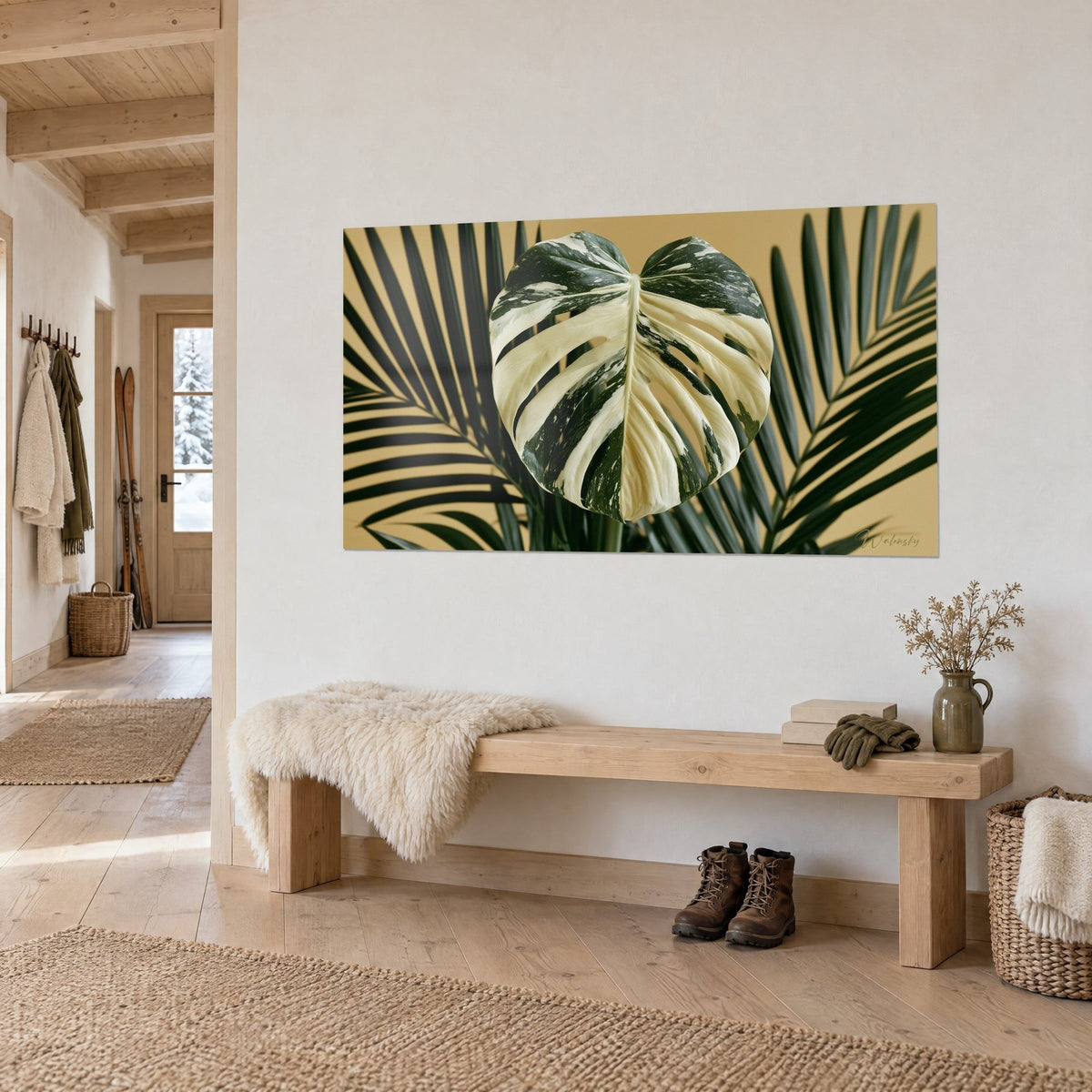 Wall art large heart-shaped leaf marbled in ivory and forest green, dark palm fronds, wooden bench and sheepskin rug in the entrance of a chalet