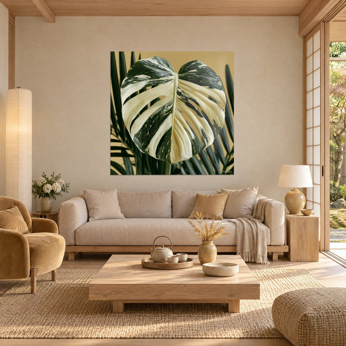 Wall art monstera with cream and dark green variegation on an ochre background, palm fronds in the back, above a sofa in a bright living room