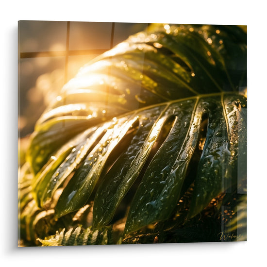 Tableau Feuille verte et dorée gouttes de rosée - Éveil du matin - Edition Monstera