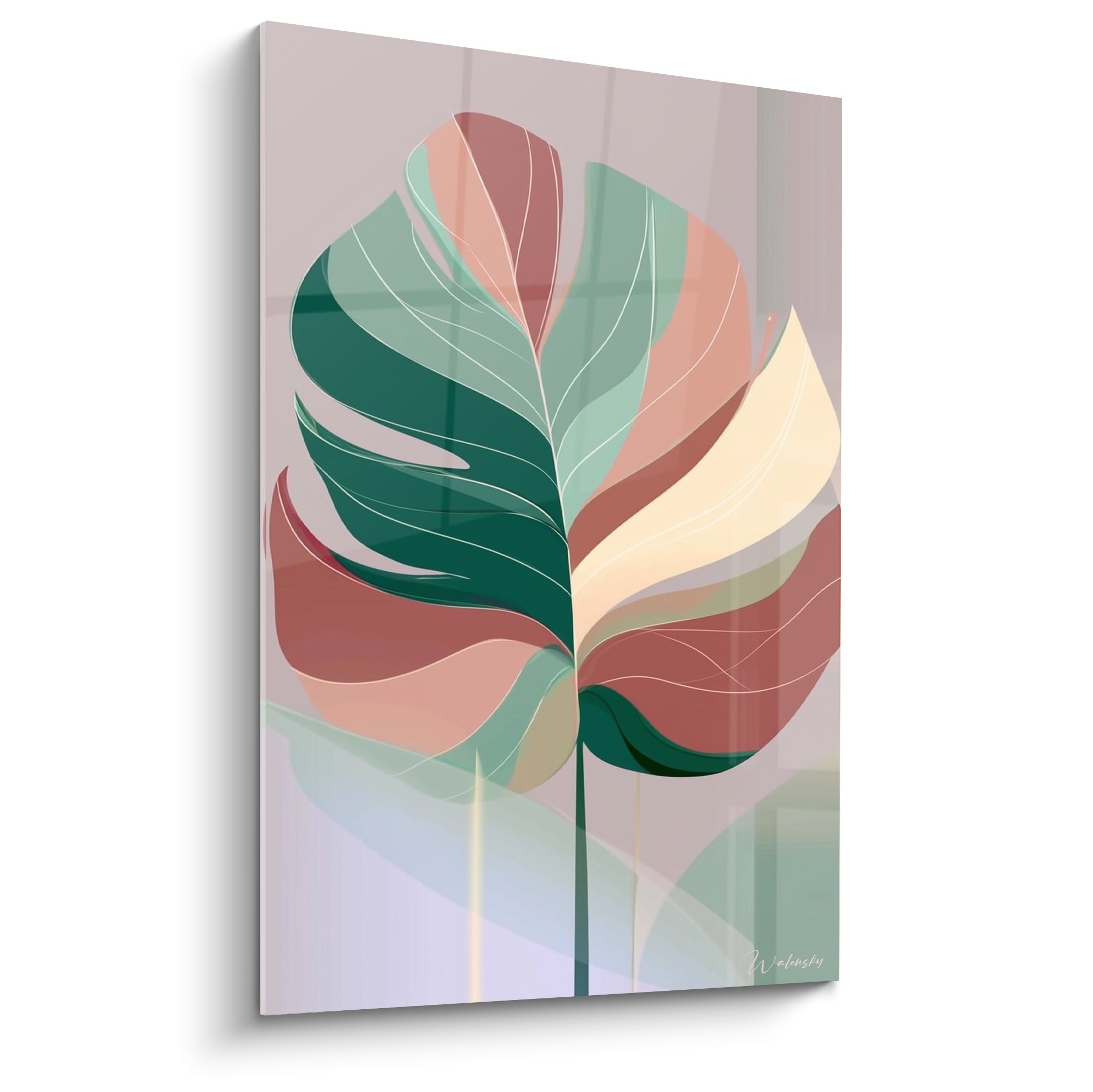Monstera stylisée en vert émeraude et terracotta, feuille aux nervures fines sur fond dégradé rosé