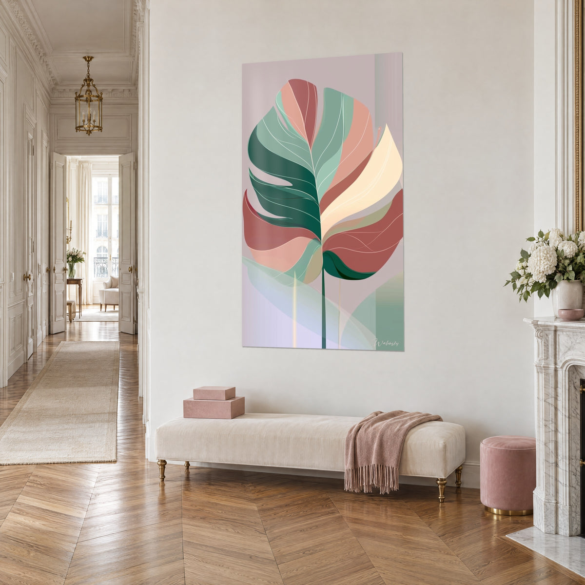 Wall art large graphic foliage with white veins, emerald green and terracotta on a mauve background, bouclé bench, Haussmann-style parquet floor